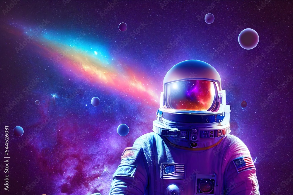 和平的银河系宇航员穿着太空服的人在柔和发光的粉红色和蓝色g内的3D插图