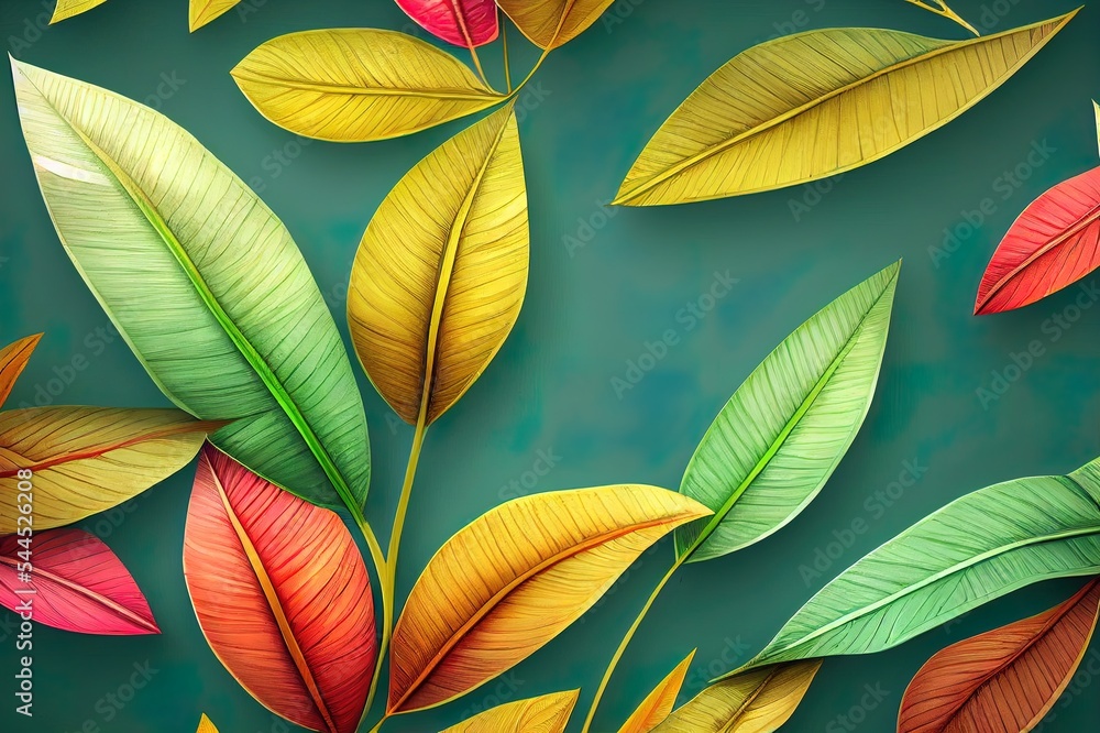 热带树木和树叶用于数字打印壁纸，定制设计壁纸3D插图