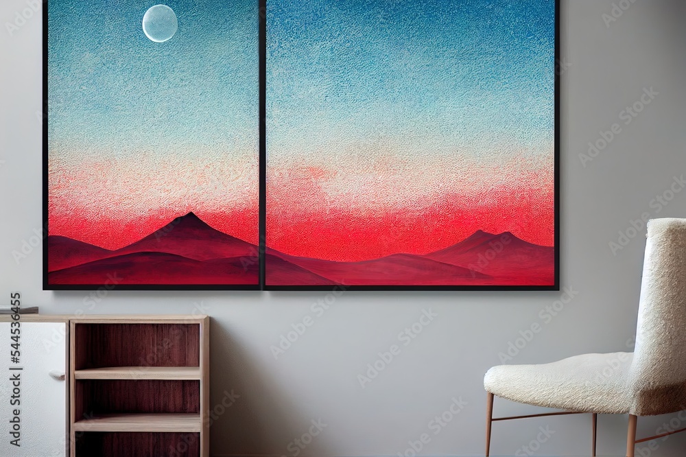 美丽的自然风光沙漠和红色的月亮，最小的艺术场景，山墙艺术，抽象的自然