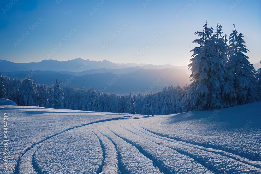 冬天的风景，山在地平线上。冷杉树被雪覆盖。美丽的冬天的风景。
