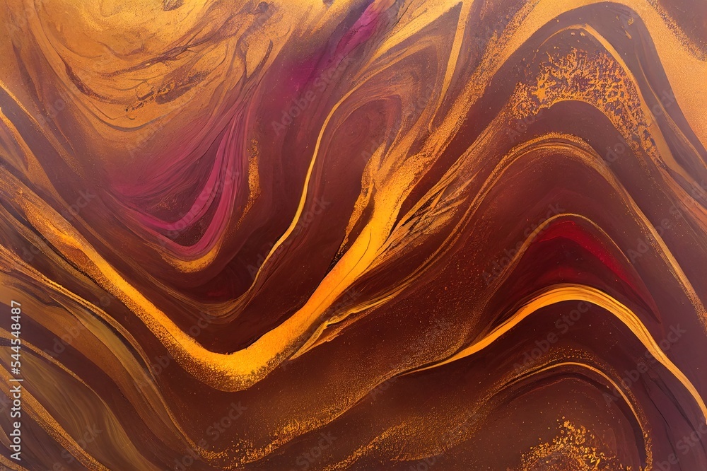 酒精墨水技术的奢华抽象流体艺术绘画，棕色、栗色和金色颜料的混合物