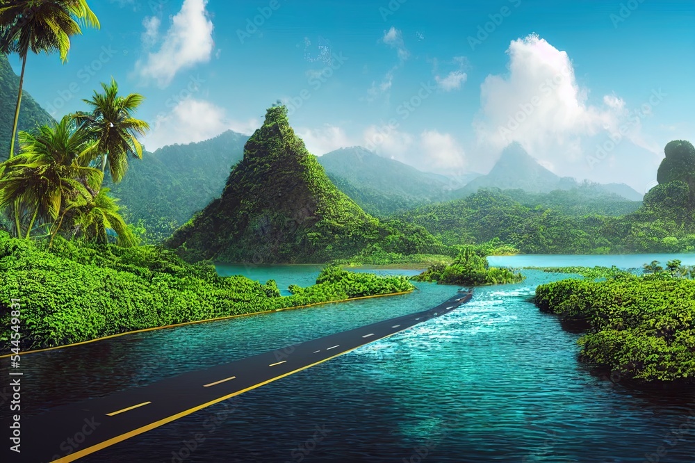 带热带岛屿的漂浮道路的三维插图。带瀑布的陆地和带b的海洋