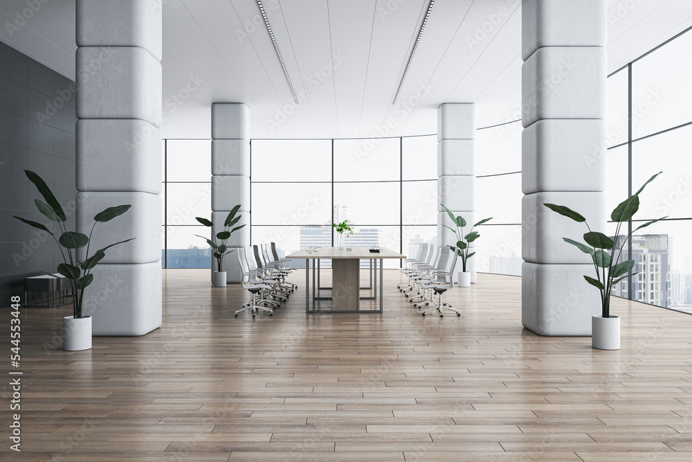 现代宽敞的混凝土瓷砖和木地板会议室室内全景风
