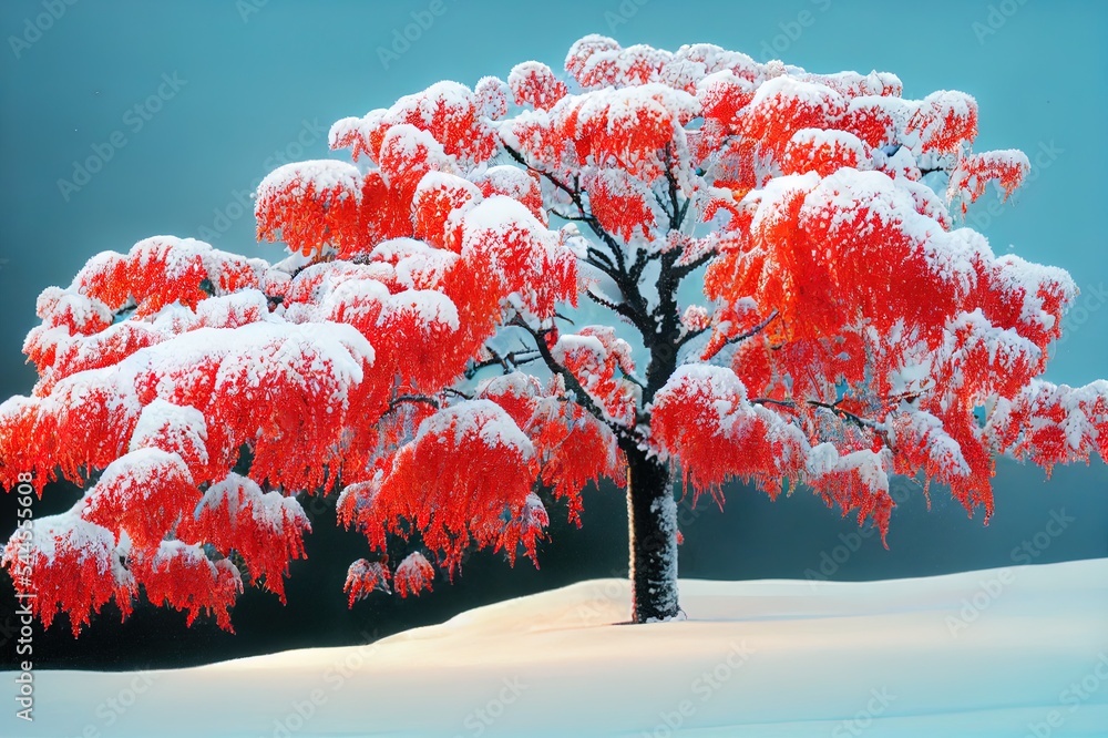 覆盖着积雪的红色火山灰。白雪覆盖的罗望子。