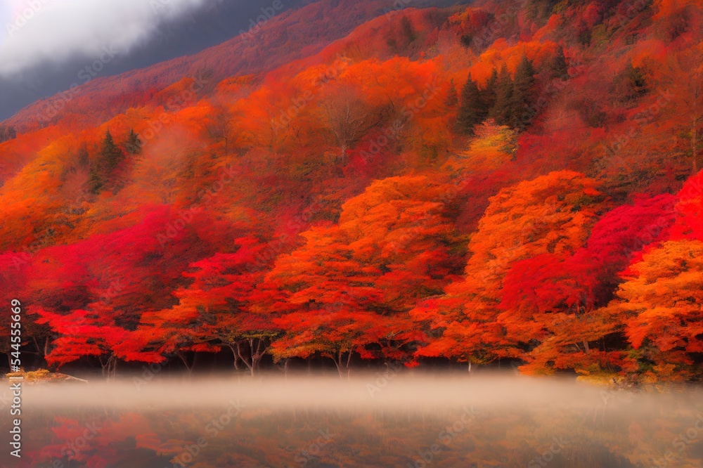 多彩的秋季和河口湖晨雾和红叶的富士山是其中之一