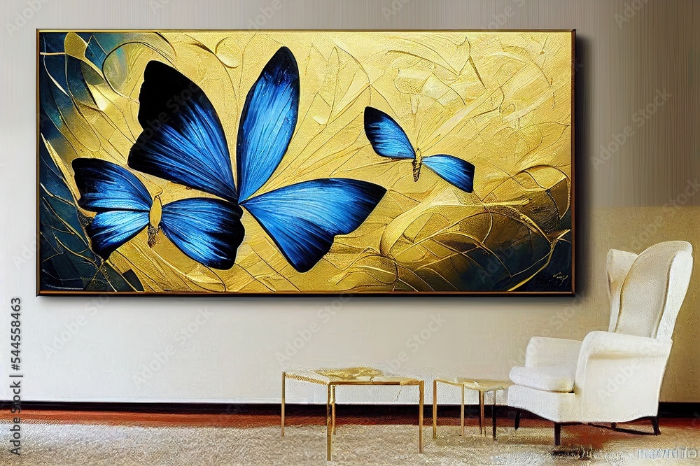 金蓝色蝴蝶豪华抽象艺术绘画现代墙艺术