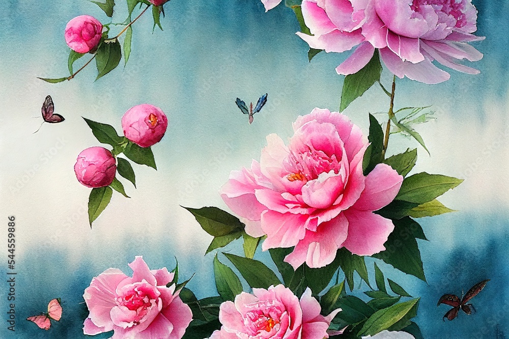 水彩手绘玫瑰、牡丹、蝴蝶和美丽的风景