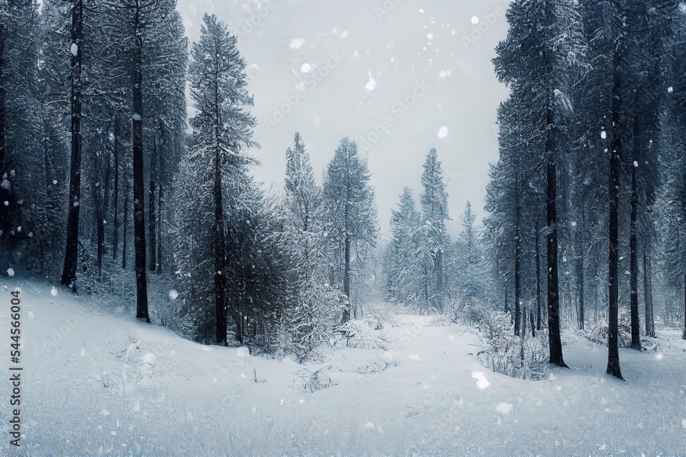 松树林被雪覆盖，冬季自然景观