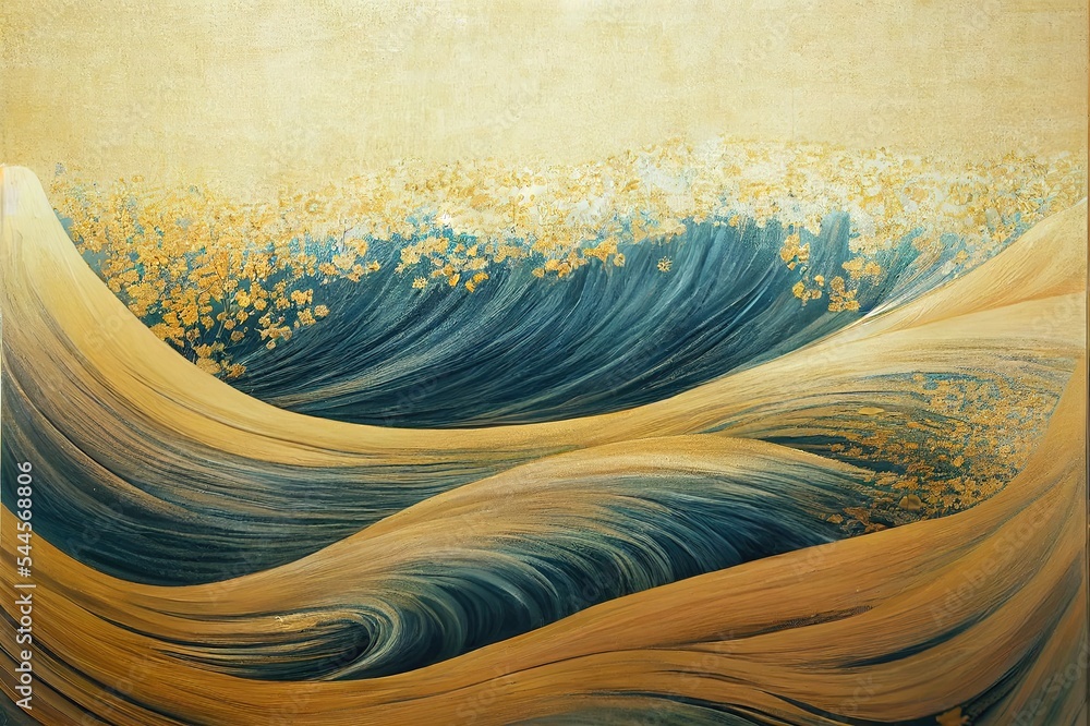 墙上金色的花朵和波浪装饰。花朵在波浪的右侧