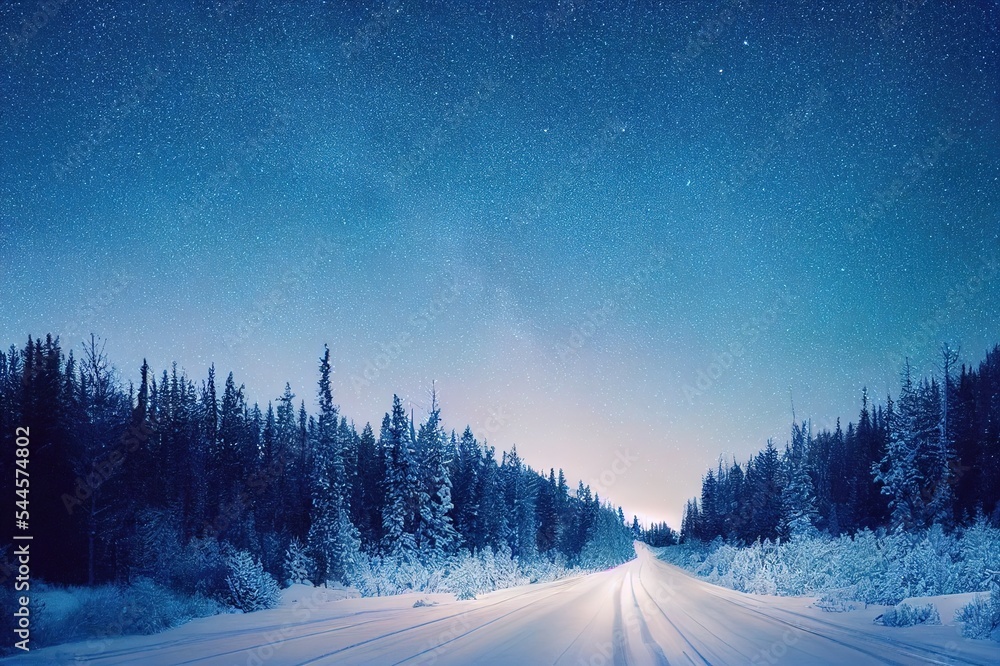 加拿大北部一条被云杉树环绕的冬季道路的夜间拍摄，非常美丽