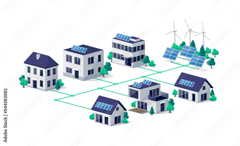 与可再生太阳能风力发电站相连的住宅城镇建筑。Photovo