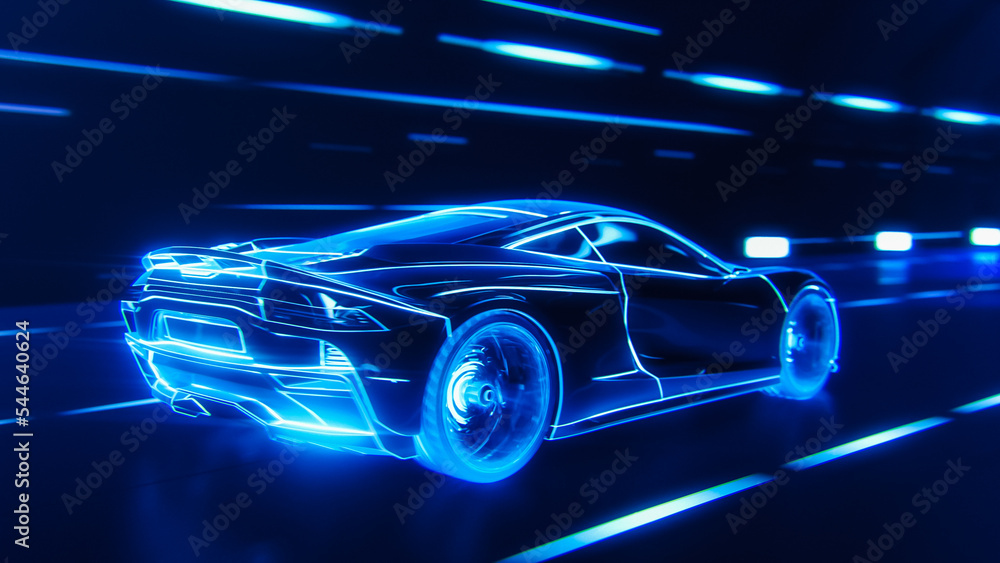 3D汽车模型：跑车高速行驶、穿越隧道的详细轮廓