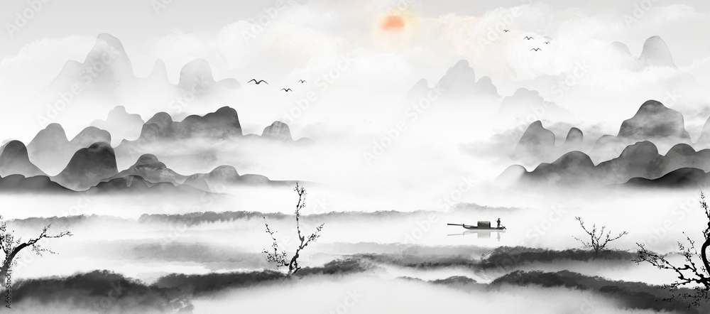 手绘中国山水画背景插图
