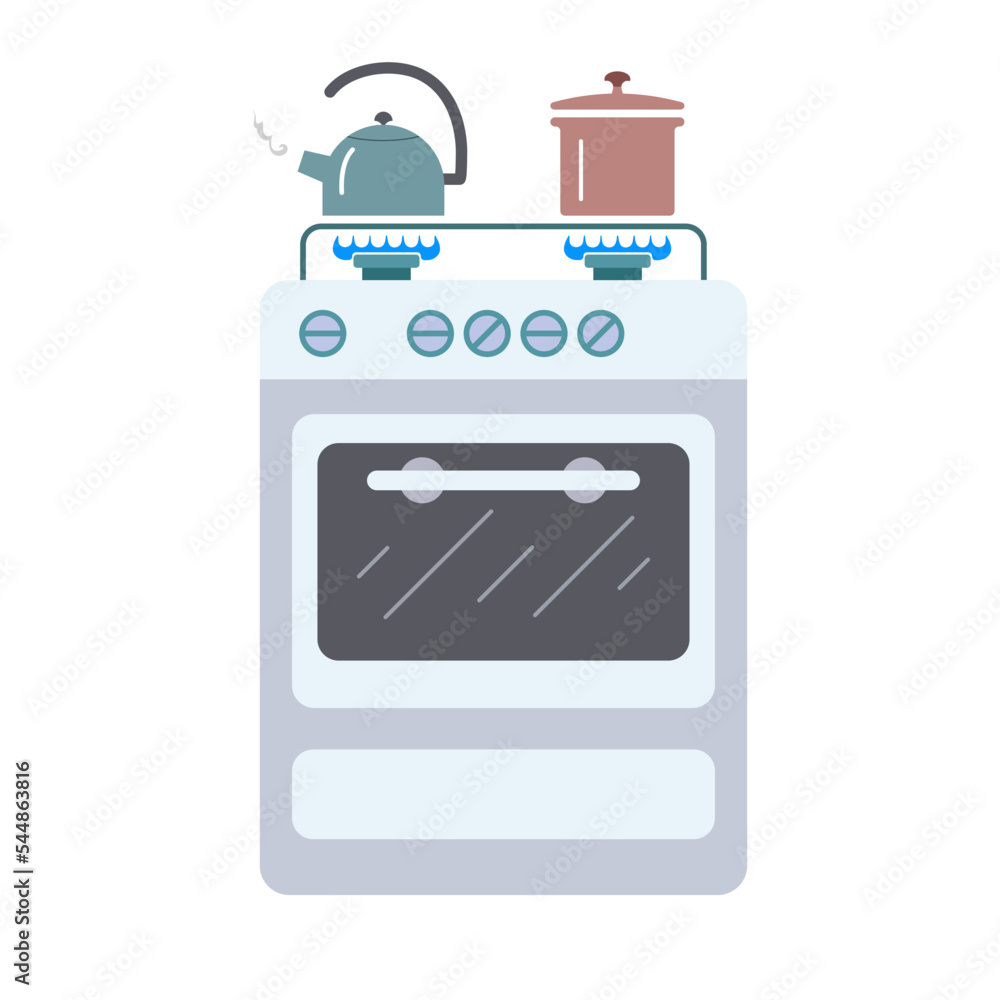 一个蓝色的火焰在燃气炉上的燃烧器上燃烧，燃气炉上有一个扁平的水壶和锅。Vector illustrati