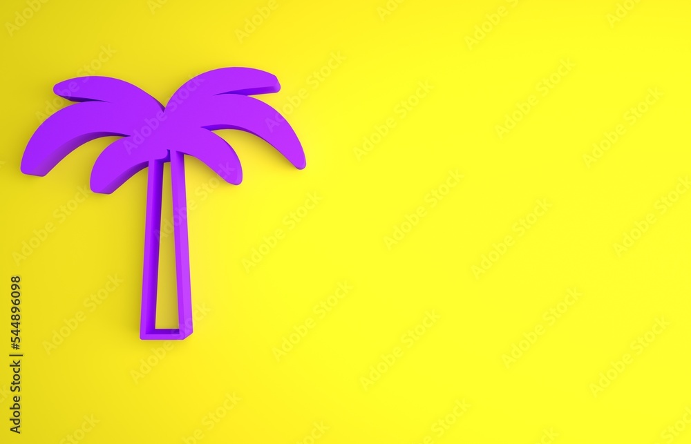 黄色背景上的紫色热带棕榈树图标。椰子树。极简主义概念。