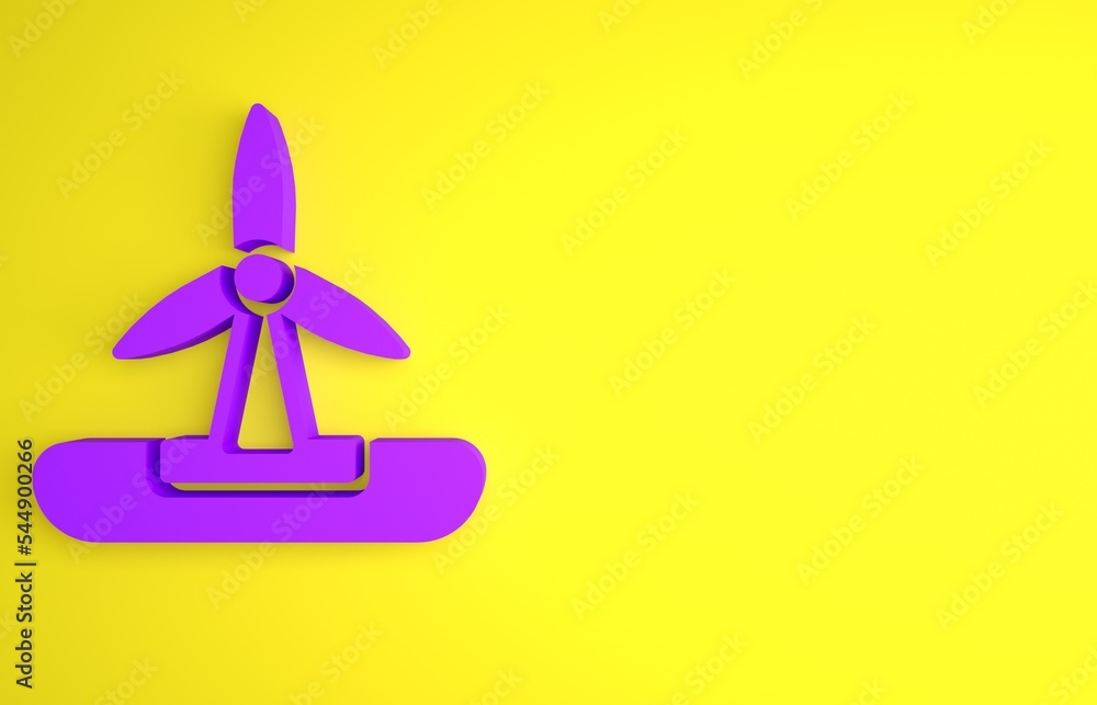 黄色背景上隔离的紫色风力涡轮机图标。风力发电机标志。电动p风车