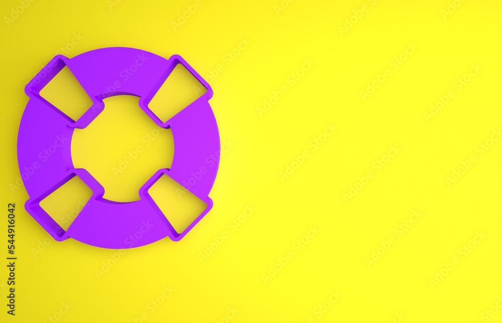 黄色背景上隔离的紫色救生圈图标。救生带符号。极简主义概念。3D渲染i