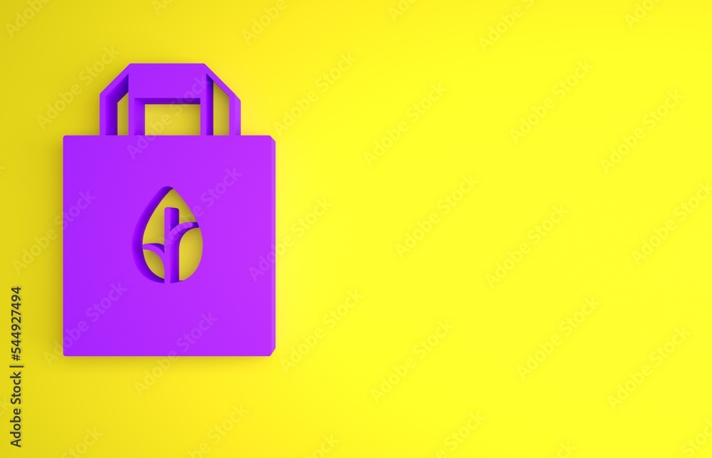 紫色纸质购物袋，黄色背景上有回收标志。带有回收标志的袋子