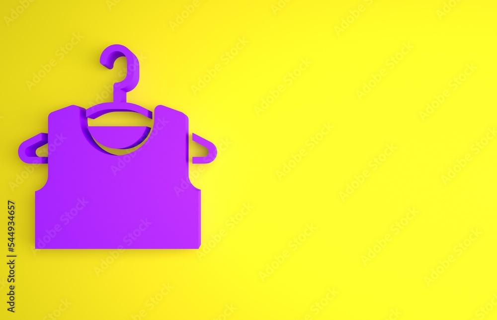 黄色背景上隔离的紫色无袖T恤图标。极简主义概念。3D渲染插图