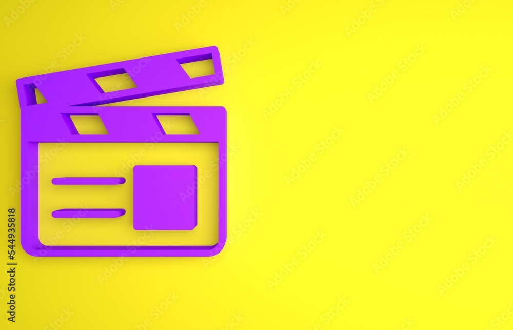 黄色背景上隔离的紫色电影拍板图标。电影拍板。拍板标志。电影