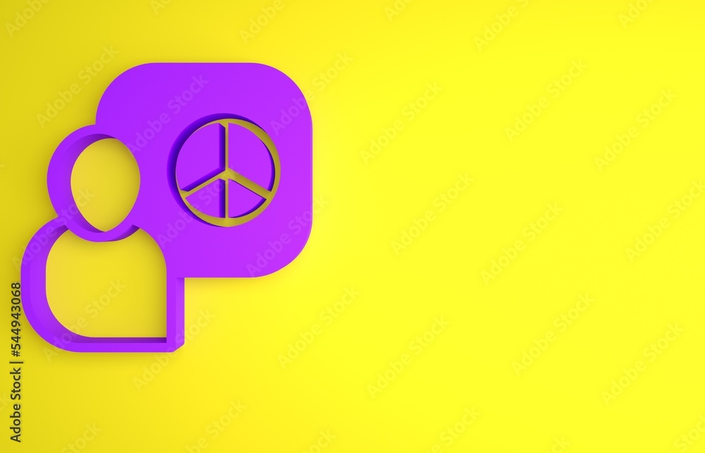 紫色和平对话图标隔离在黄色背景上。极简主义概念。3D渲染插图