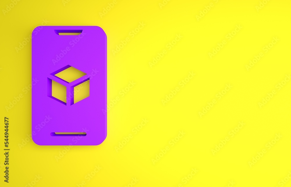 黄色背景上隔离的紫色3D打印机软件图标。3D打印。极简主义概念。3D r
