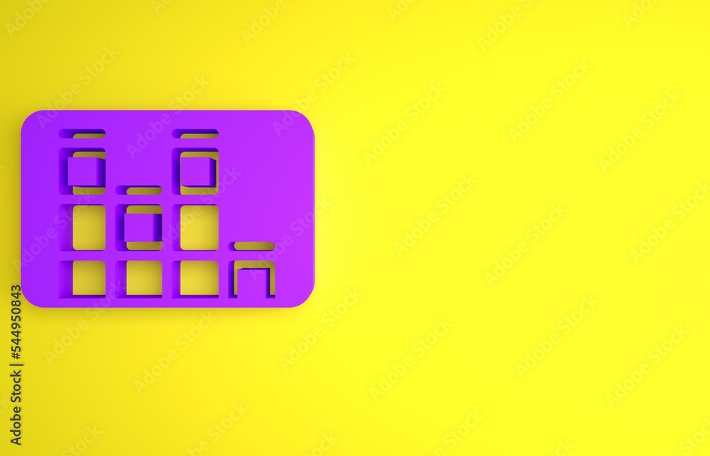 黄色背景上隔离的紫色音乐均衡器图标。声波。音频数字均衡器技术