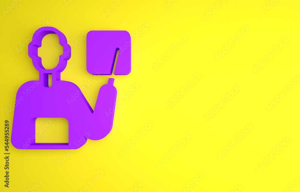 黄色背景上隔离的紫色教师图标。极简主义概念。3D渲染插图