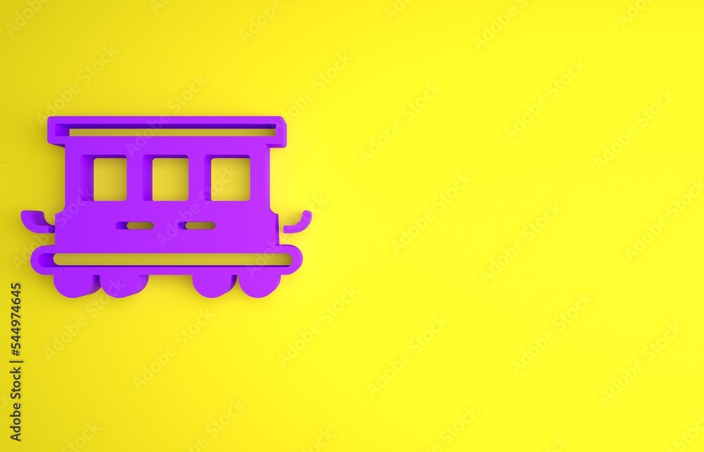 黄色背景上隔离的紫色客车玩具图标。铁路车厢。极简主义骗局