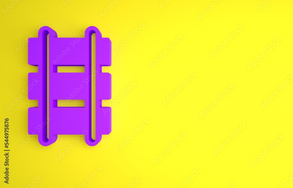 紫色玩具铁路，黄色背景上隔离的铁轨图标。极简主义概念。3D渲染