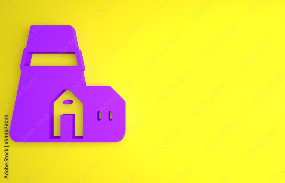 黄色背景上隔离的紫色电站厂房和工厂图标。能源工业概念