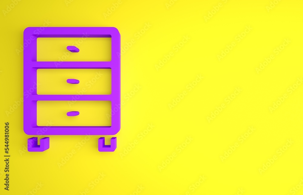 紫色档案文件抽屉图标隔离在黄色背景上。装有文件的抽屉。文件柜