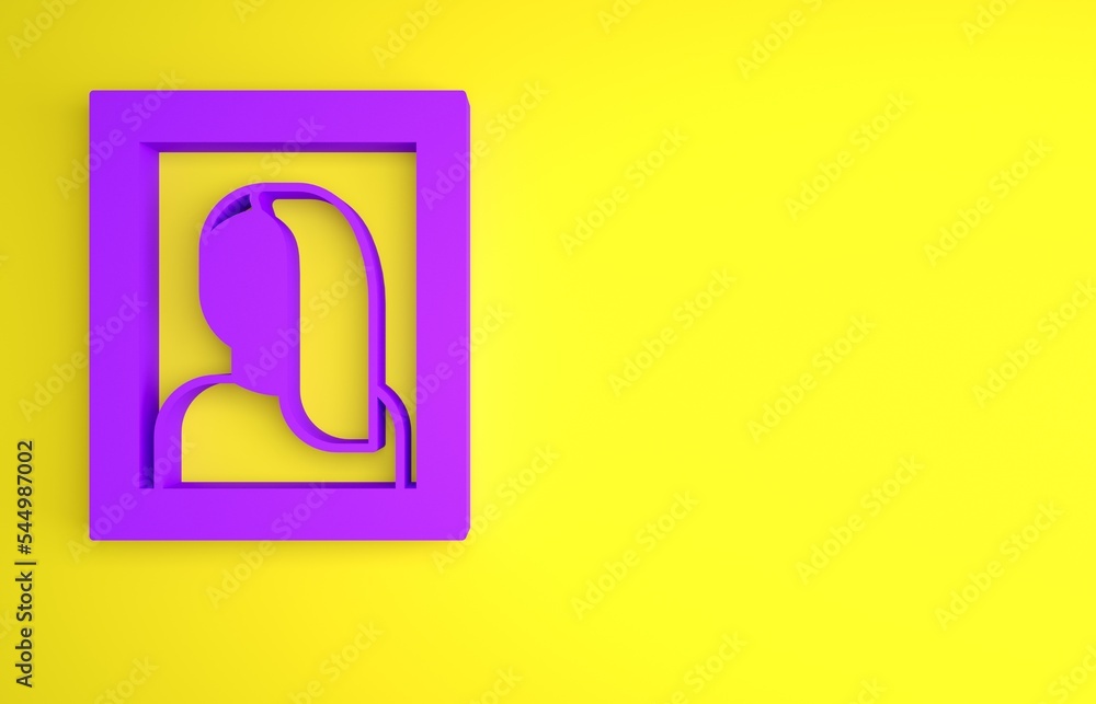 黄色背景上隔离的博物馆图标中的紫色肖像图片。极简主义概念。3D渲染