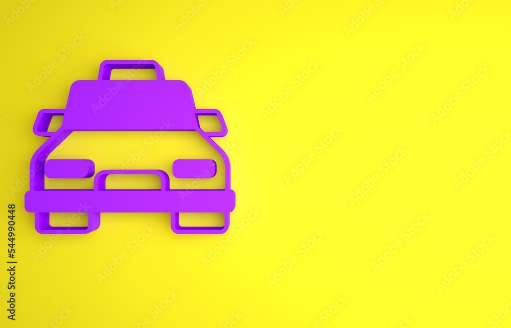 黄色背景上隔离的紫色出租车图标。极简主义概念。3D渲染插图