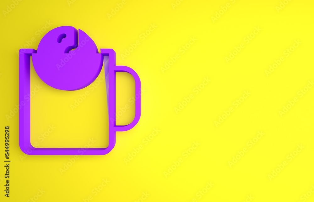 紫茶时间图标隔离在黄色背景上。极简主义概念。3D渲染插图