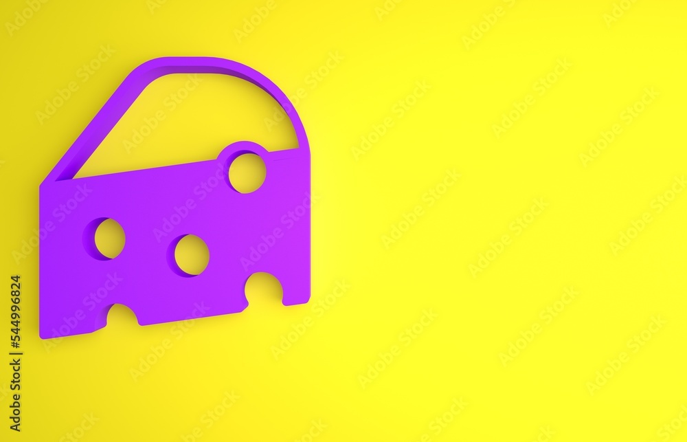 黄色背景上的紫色奶酪图标。极简主义概念。3D渲染插图
