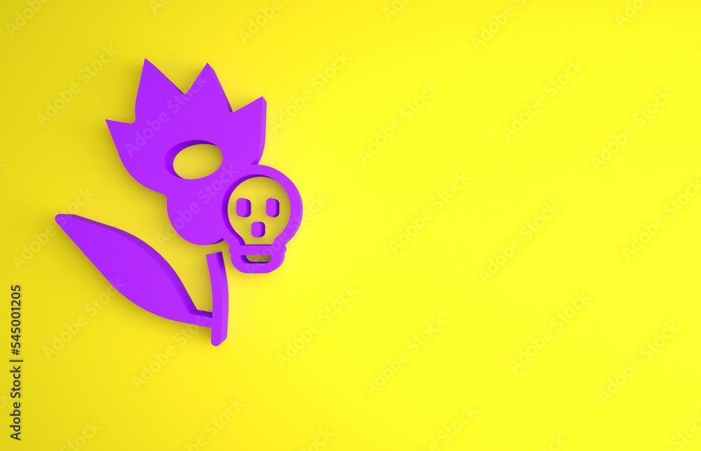 紫色毒药花图标隔离在黄色背景上。极简主义概念。3D渲染插图