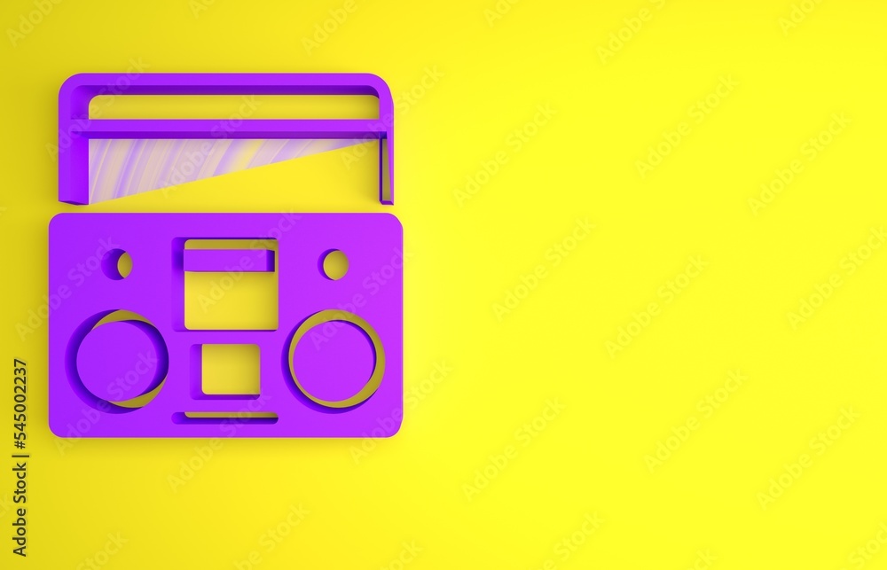 紫色家庭立体声，黄色背景上有两个扬声器图标。音乐系统。极简主义co