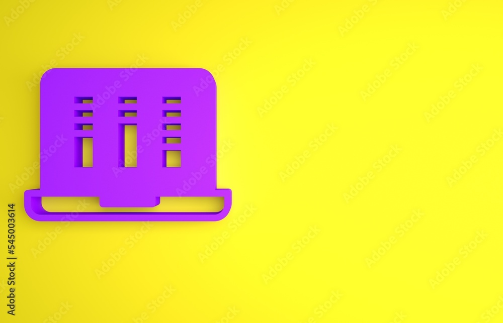 黄色背景上隔离的笔记本电脑图标上的紫色声音或录音机或编辑器软件。迷你