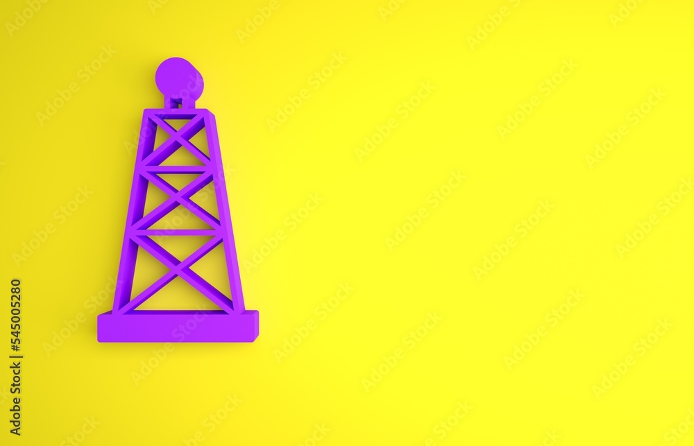 黄色背景上的紫色石油钻机图标。煤气塔。工业物体。极简主义概念。