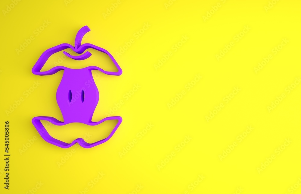 黄色背景上隔离的紫色苹果核心图标。Bitten苹果符号。苹果存根轮廓。Bi