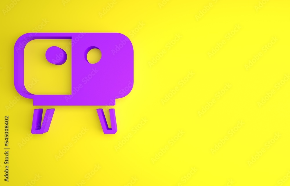 黄色背景上隔离的紫色电视台座图标。极简主义概念。3D渲染插图