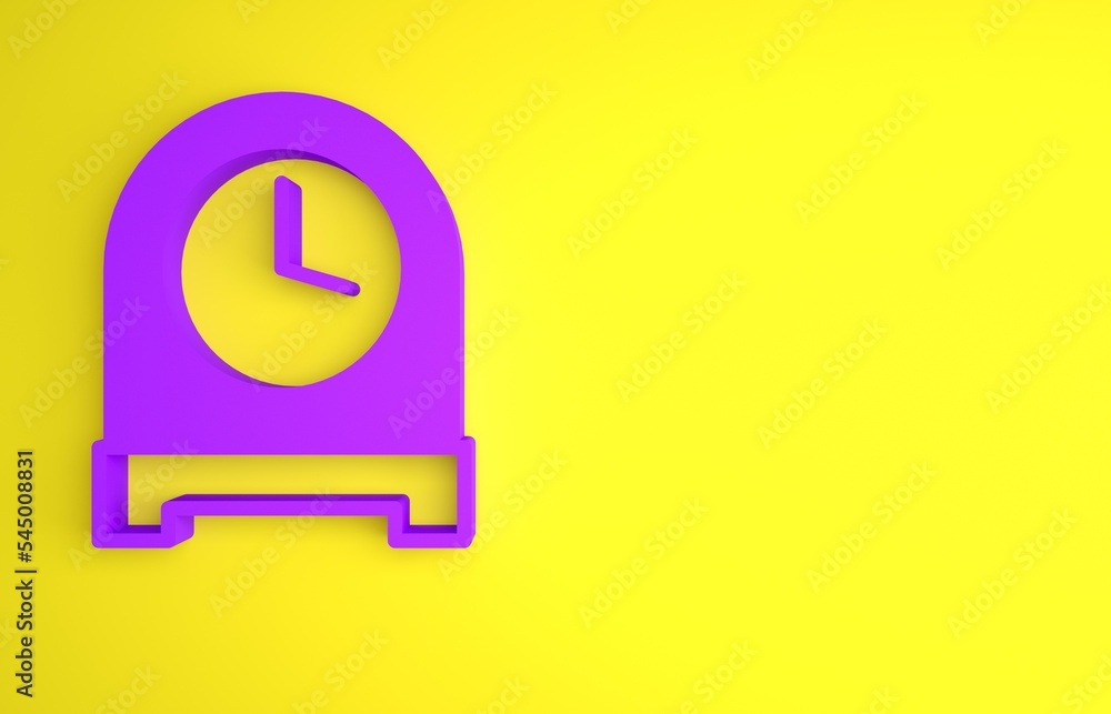 黄色背景上的紫色古董时钟图标。极简主义概念。3D渲染插图