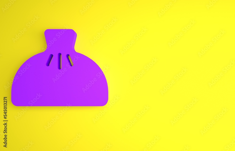 黄色背景上的紫色饺子图标。传统中式菜肴。极简主义概念。3D