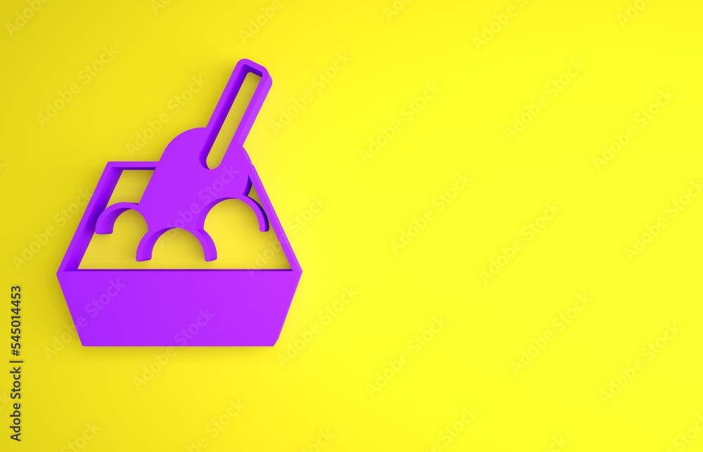 紫色猫砂托盘，黄色背景上隔离有铲子图标。带铲子的沙盒猫。迷你