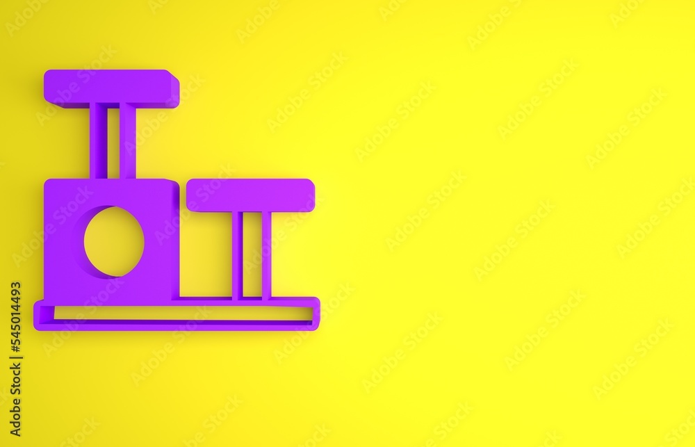 紫色猫抓杆，黄色背景上有玩具图标。极简主义概念。3D趋势