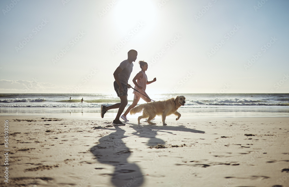 Couple, beach and running with dog for health, wellness or exercise. Mock up, diversity and man, wom