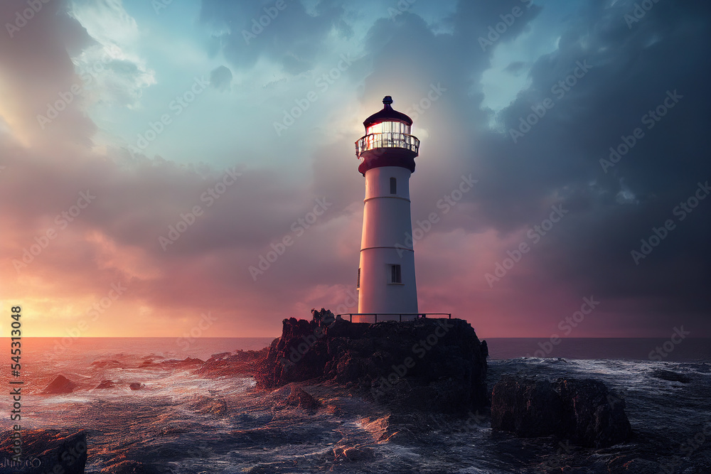 Spectacular sea landscape with lighthouse providing light during sunrise or sunset. Calm sea at coas