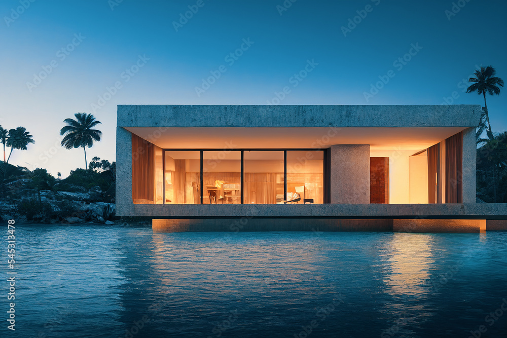 Luxury pool villa spectacular contemporary design 3D illustration digital art real estate , home, ho