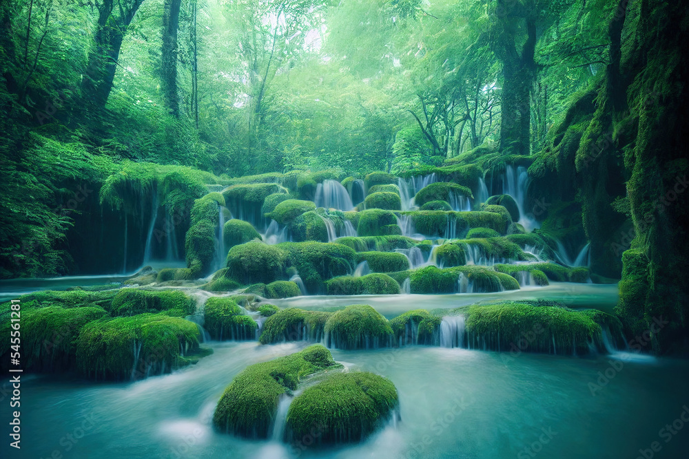 Spectacular waterfall scene in the deep forest with green trees, nature setting. Green scenic landsc